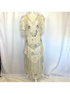 Vintage Beaded Sequined Silk
Dress Midi Drop Waist Women's M Cream Gorgeous